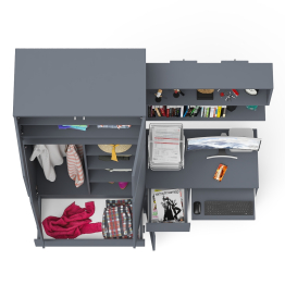 Стол однотумбовый Мори МС-1 левый с полкой навесной и комодом-шкафом с антресолью