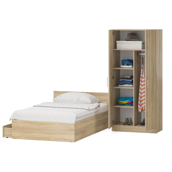 Спальные гарнитуры, Односпальная Кровать с ящиками 1200 со шкафом для одежды 2-х створчатым Стандарт