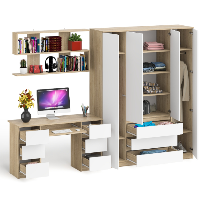 Домашние кабинеты, Большой 4-х дверный шкаф-комод Мори МШ1600.1 и стол с верхней навесной полкой