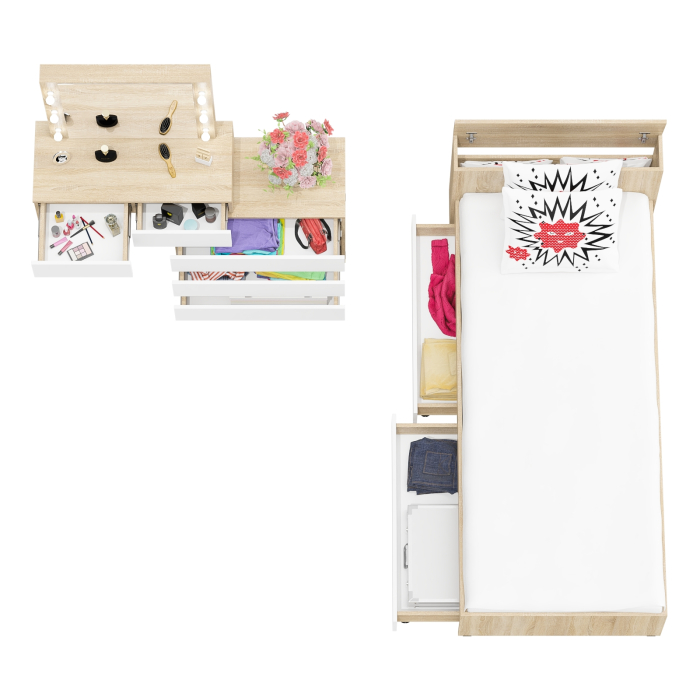 Спальные гарнитуры, Стол косметический с подсветкой 110 с кроватью с выдвижными ящиками Ксения 900