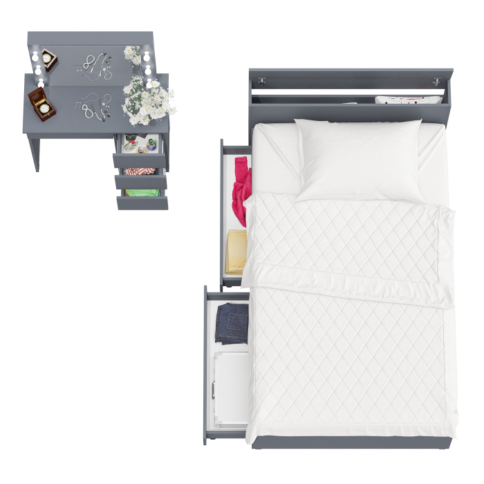 Спальные гарнитуры, Кровать с ящиками полутораспальная Ксения 1200 и туалетный столик с подсветкой Сура