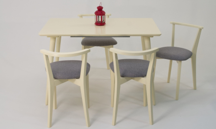 Стол Монте 120 слоновая кость со стульями Франк слоновая кость рогожка серый