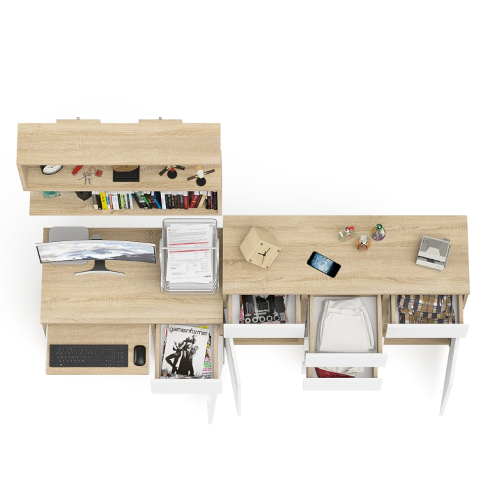 Домашние кабинеты, Тумба-комод Мори МК1200.4 с компьютерным столом МС-1 правый и открытой навесной полкой