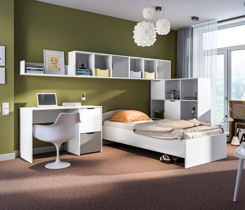 Mika / Мика, Mika / Мика детская Белый/Серый (кровать 900, стол, стеллаж, полки)