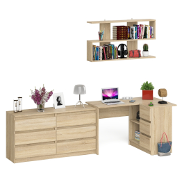 Комод широкий 6-ть ящиков Мори МК1380.6 с угловым компьютерным столом МС-16 правым и открытой книжной полкой