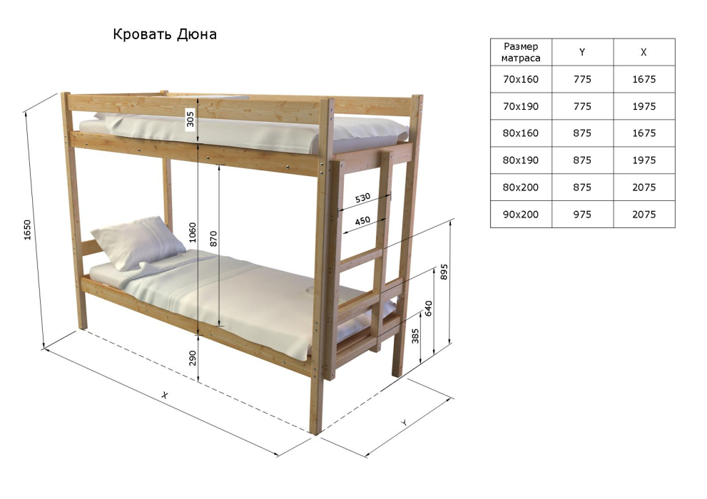 Кровати из массива, Двухъярусная кровать Дюна 70х190