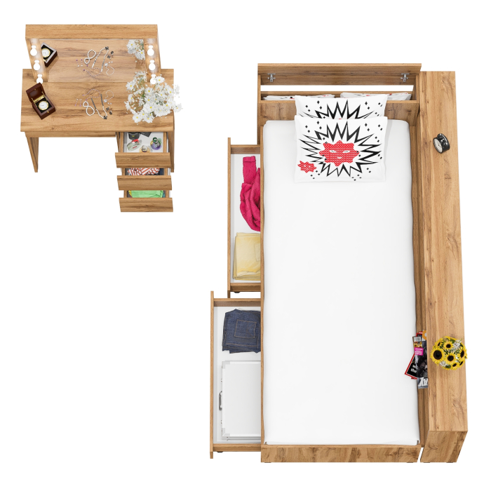 Спальные гарнитуры, Кровать с ящиками с прикроватным блоком для вещей Ксения 900 и столик косметический с подсветкой Сура