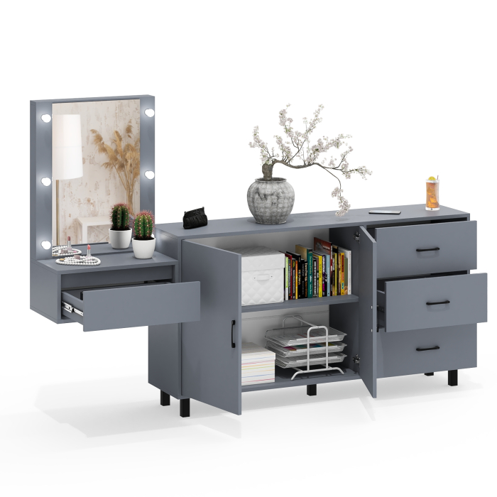 С зеркалом, Косметический навесной столик с подсветкой и комод с ящиками и дверками 123-1604