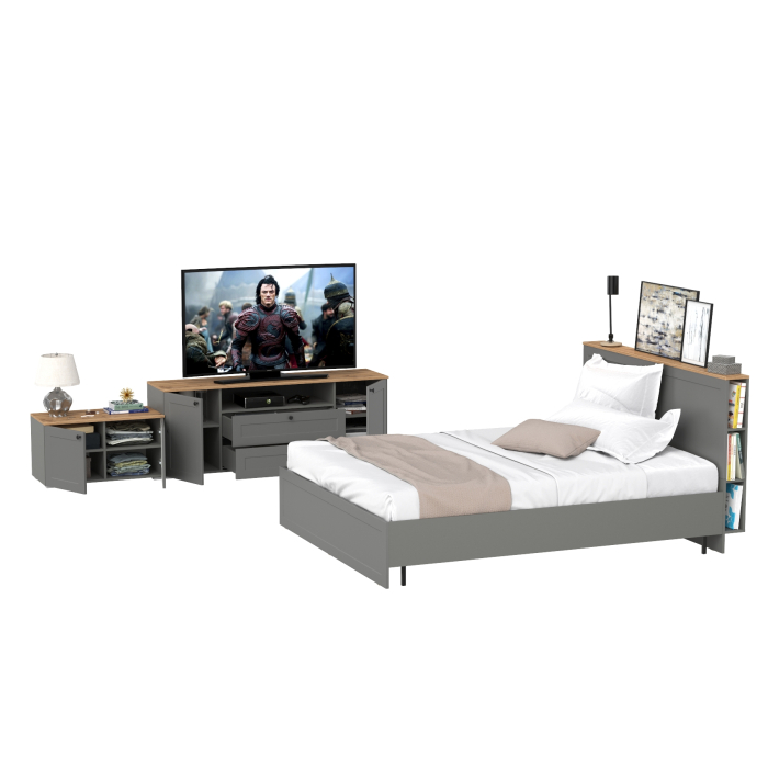 Спальные гарнитуры, Спальный гарнитур Остин из кровати 1600 с ортопедом с тумбой для ТВ и тумбой с дверками