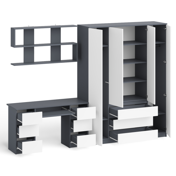 Домашние кабинеты, Большой 4-х дверный шкаф-комод Мори МШ1600.1 и стол с верхней навесной полкой