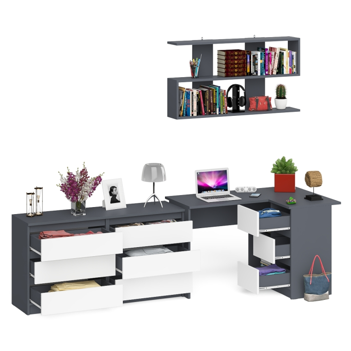 Домашние кабинеты, Комод широкий 6-ть ящиков Мори МК1380.6 с угловым компьютерным столом МС-16 правым и открытой книжной полкой