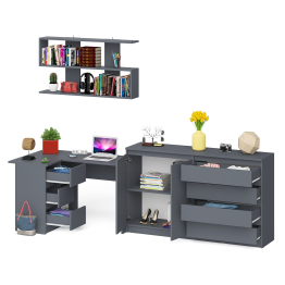 Угловой компьютерный стол с тремя ящиками Мори МС-16 левый с тумбой-комодом и книжной полкой