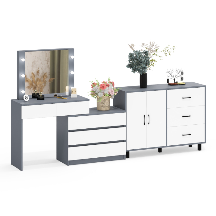 С зеркалом, Стол косметический с подсветкой 110 и тумба-комод с тремя ящиками и дверками 123-1204