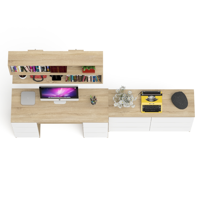 Домашние кабинеты, Широкий комод Мори на шесть ящиков с двутумбовым столом МС-2 и открытой полкой