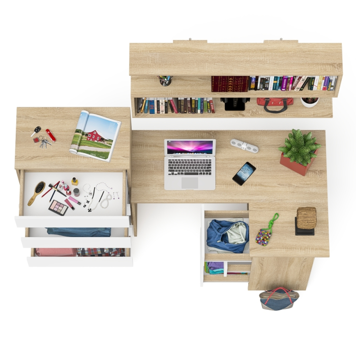 Домашние кабинеты, Комод Мори МК700.5 со столом компьютерным угловым МС-16 правым и открытой полкой 1200