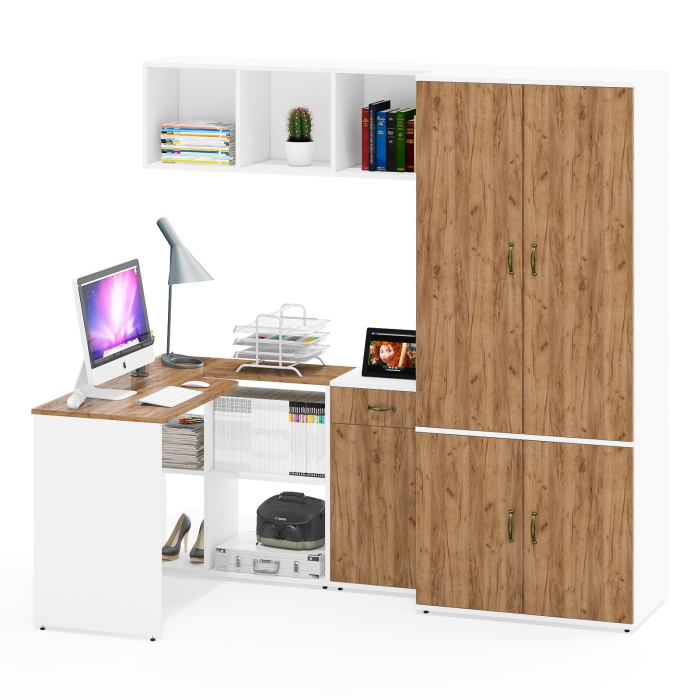 Домашние кабинеты, Настенная полка для книг Лидер-8 с рабочим столом с нишей с тумбочкой 3.15 и шкафом 19Б