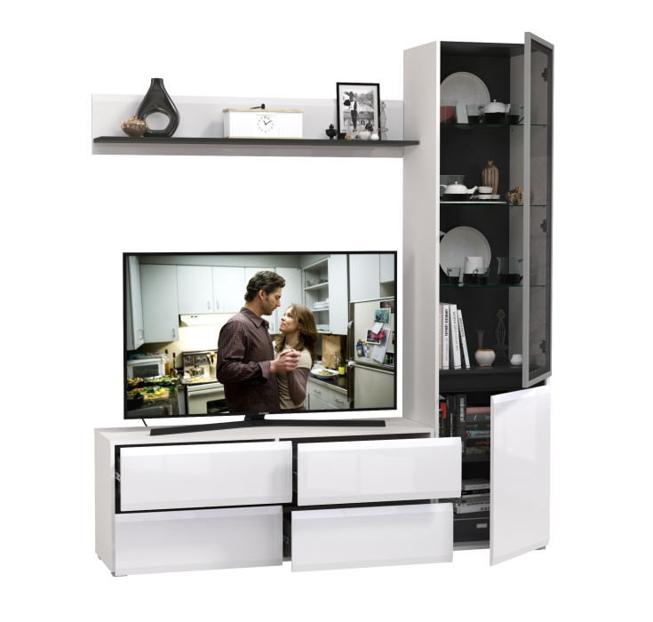 Стенки для гостиной, Шкаф-витрина с навесной полочкой и тумба для ТВ Сидней