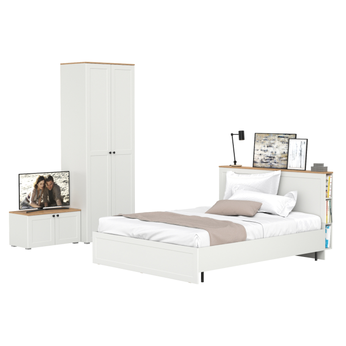 Спальные гарнитуры, Кровать двуспальная Остин с ортопедическим основанием с тумбой с дверками и шкафом 13.224