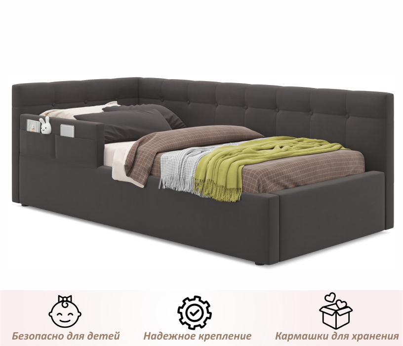 Мягкая кровать, Односпальная кровать-тахта Bonna 900 с защитным бортиким и подъемным механизмом