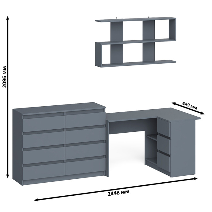 Домашние кабинеты, Стол компьютерный угловой с ящиками Мори МС-16 правый с навесной полкой и комодом МК1200.8