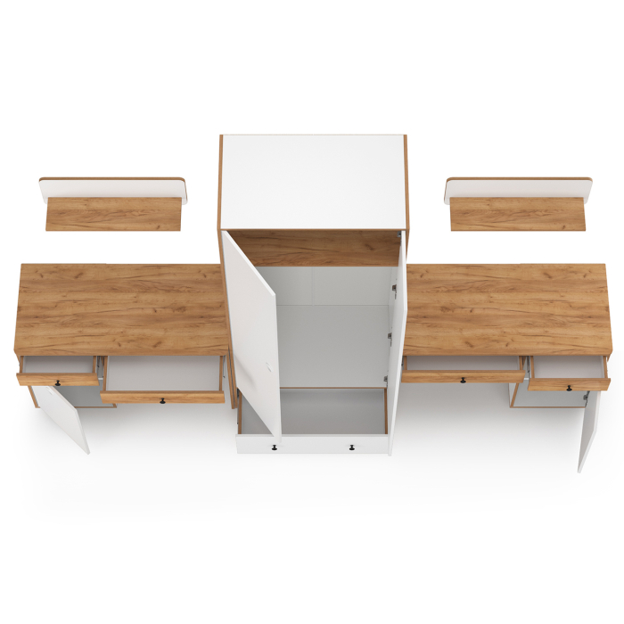 Офисная мебель, Два стола для учёбы, шкаф и две открытых полки Вуди