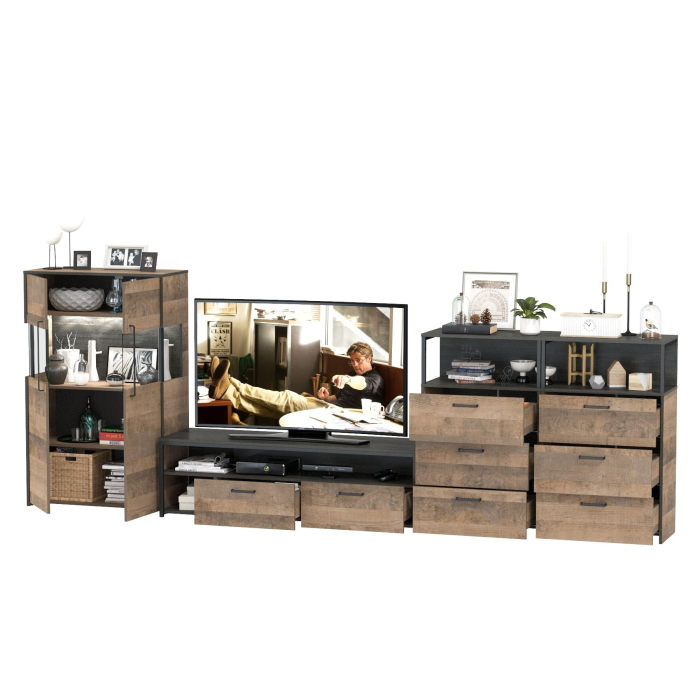 Стенки для гостиной, Тумба с витриной с подсветкой с двумя комодами и тумбой для телевизора Трувор