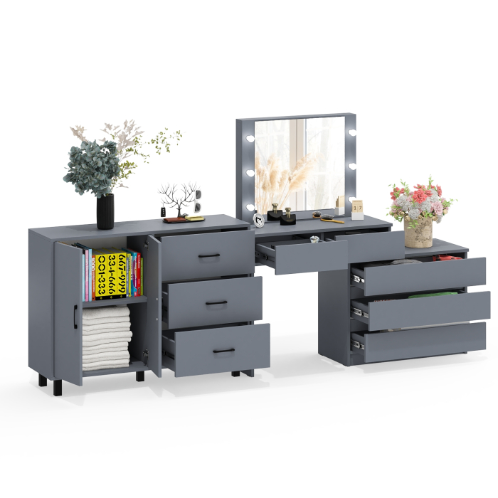 С зеркалом, Стол косметический с подсветкой 110 и тумба-комод с тремя ящиками и дверками 123-1204