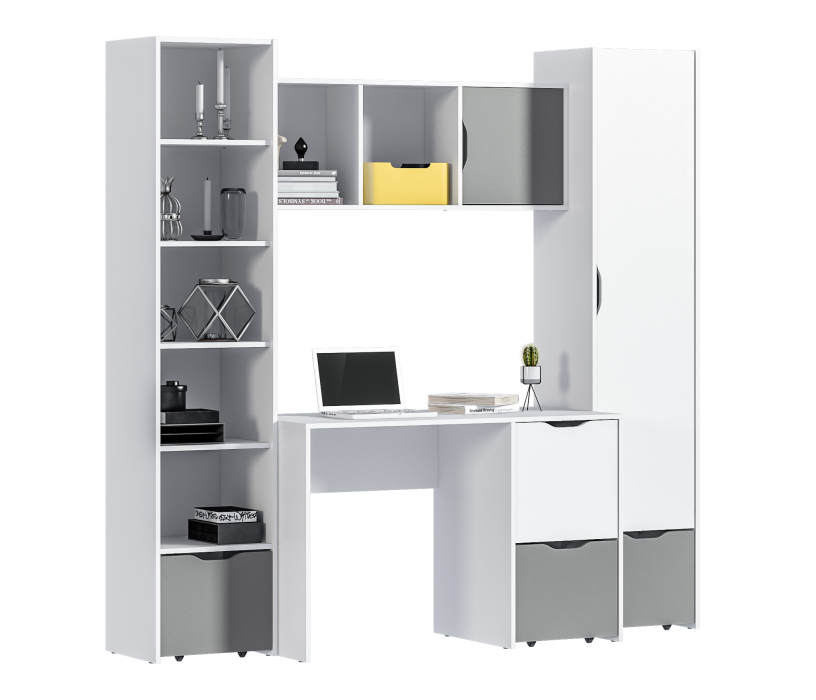 Mika / Мика, Mika / Мика домашний кабинет Белый/Серый (пенал, стеллаж, стол, полка)