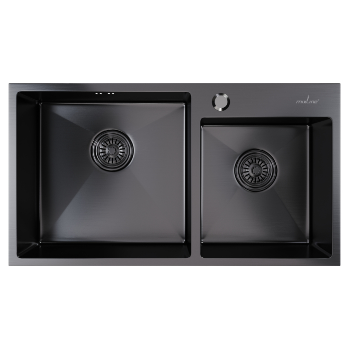 Кухонные мойки, Мойка настол.монтаж 72х40 (3,0) 2-х ЧАШЕВАЯ вып 3 1/2  MIXLINE PRO 22см с сифоном (черный графит)