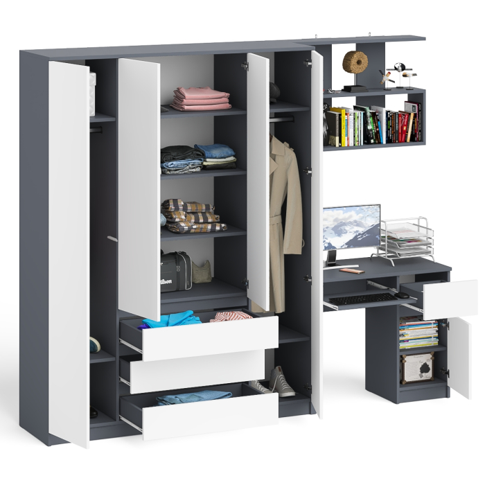 Домашние кабинеты, Стол компьютерный с тумбой справа с большим шкафом Мори МШ1600.1 и полкой открытой
