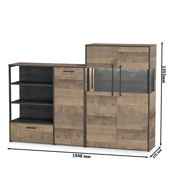 Стенки для гостиной, Комод с витриной с подсветкой и комод с ящиком и дверкой Трувор