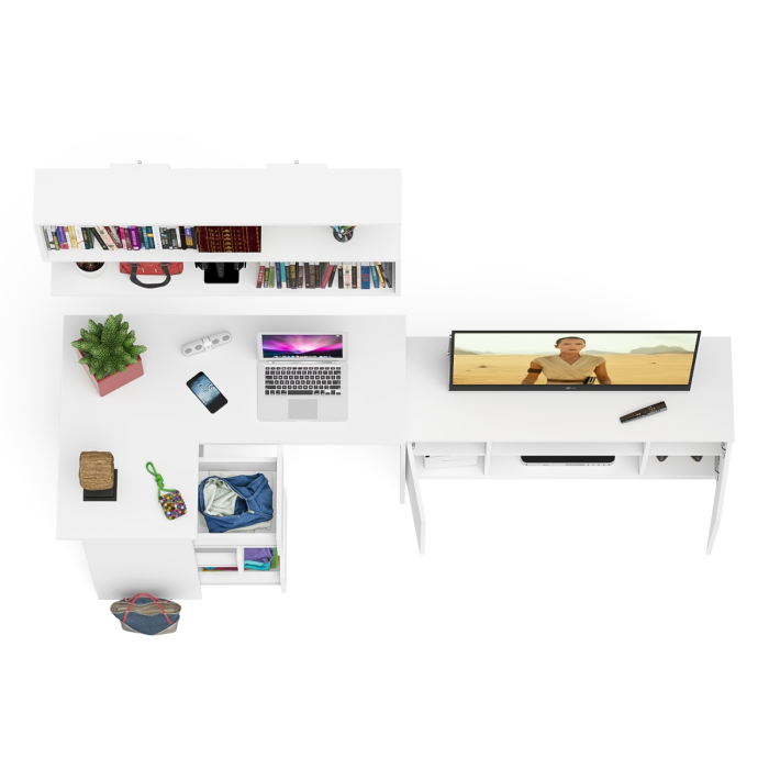 Домашние кабинеты, Угловой стол компьютерный Мори МС-16 левый с тумбой под ТВ и полкой для книг