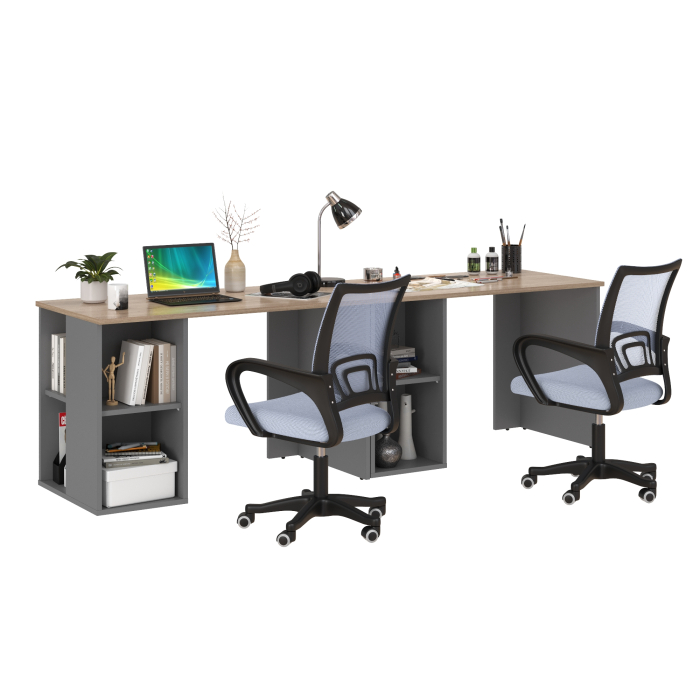 Прямые компьютерные столы, Набор для работы и учёбы из двух столов письменных Лайт 12.163 и двух серых кресел