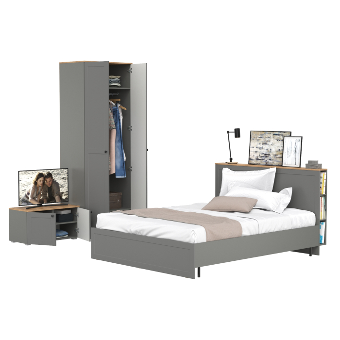 Спальные гарнитуры, Кровать двуспальная Остин с ортопедическим основанием с тумбой с дверками и шкафом 13.224