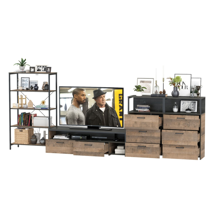 Стенки для гостиной, Стеллаж открытый с ТВ-тумбой и двумя комодами с тремя ящиками Трувор № 98
