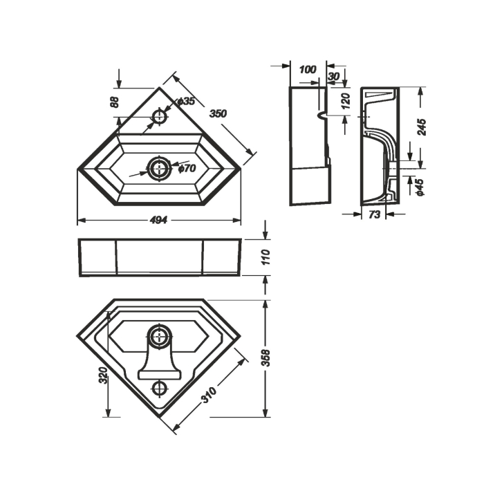 Раковины для ванных комнат, Умывальник Line-35 угловой (Sanita Luxe)