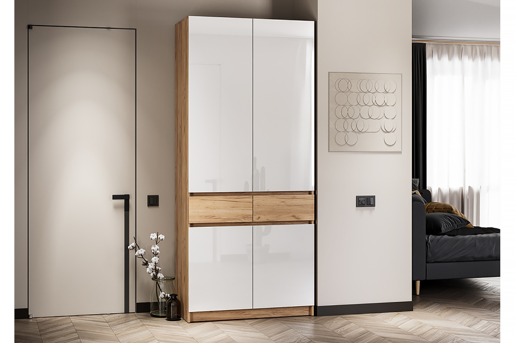 Шкафы двухстворчатые, Шкаф распашной Стоуби ШК-1000 дуб крафт /глянец белый