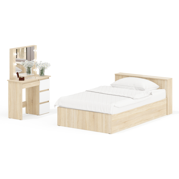 Спальные гарнитуры, Кровать с ящиками полутораспальная Ксения 1200 и туалетный столик с подсветкой Сура