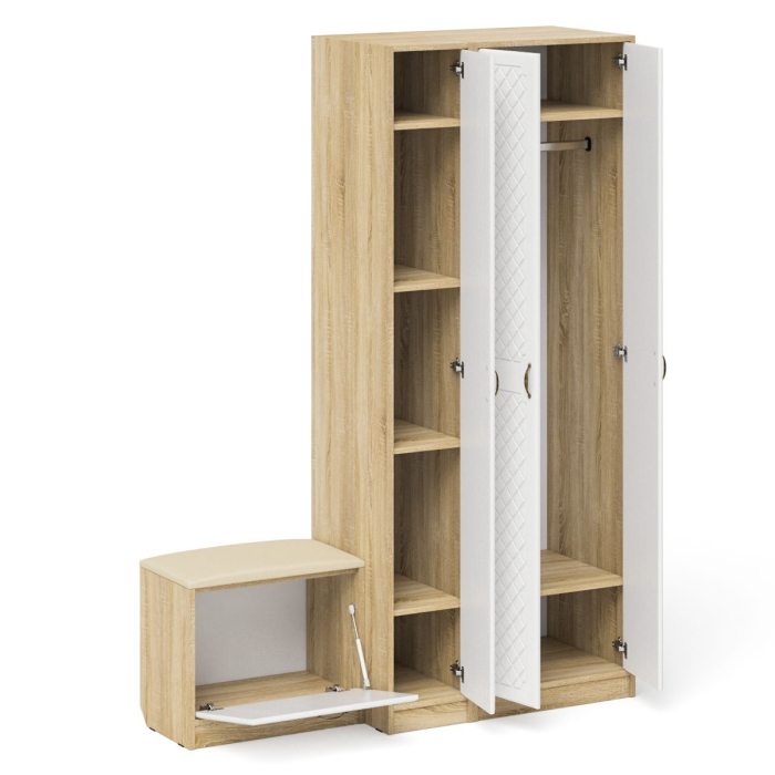 Прихожие, Шкаф с пеналом и тумбой для обуви с мягким сиденьем П-6-500 фрезеровка ромб