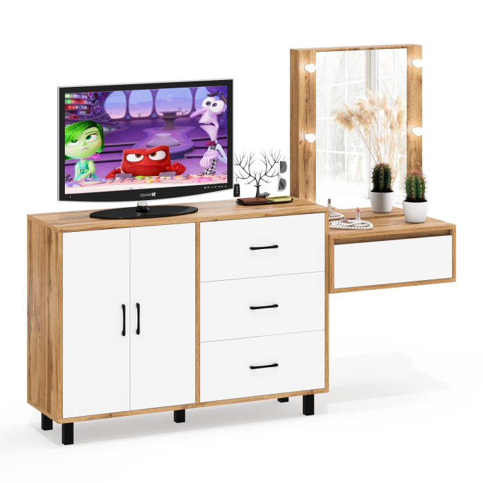 С зеркалом, Стол косметический навесной с подсветкой и тумба-комод 123-1204.