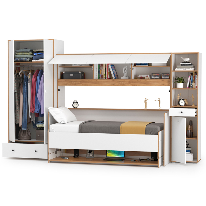 Для девочек, Кровать-стол-трансформер с пеналом и шкафом Вуди № 43.