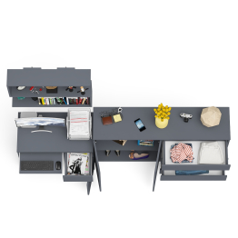 Тумба-комод с дверками и ящиками на 1600 со столом с тумбой и ящиком справа и навсеной полкой Мори