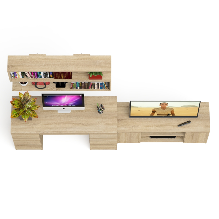 Домашние кабинеты, Письменный стол Мори МС-2 с ТВ-тумбой 1200 и навесной полкой 1200
