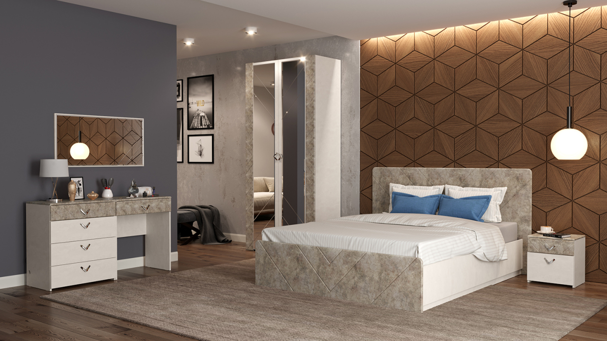 Модульные cпальни, Спальня Амели № 8 шёлковый камень/бетон чикаго беж, 6 предметов мебели