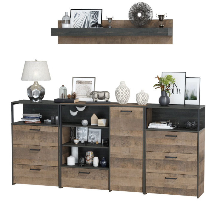 Стенки для гостиной, Два комода с ящиками с навесной полкой и комод с ящиком и дверкой в гостиную Трувор