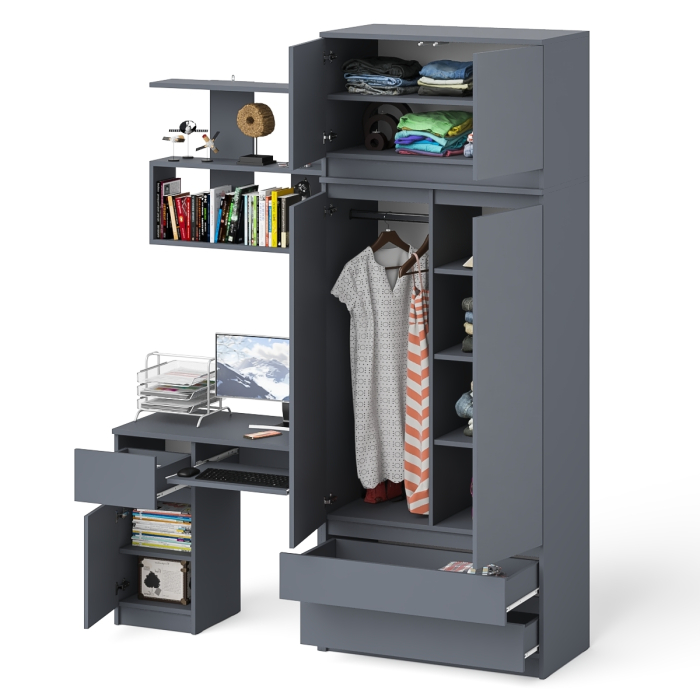 Домашние кабинеты, Стол однотумбовый Мори МС-1 левый с полкой навесной и комодом-шкафом с антресолью