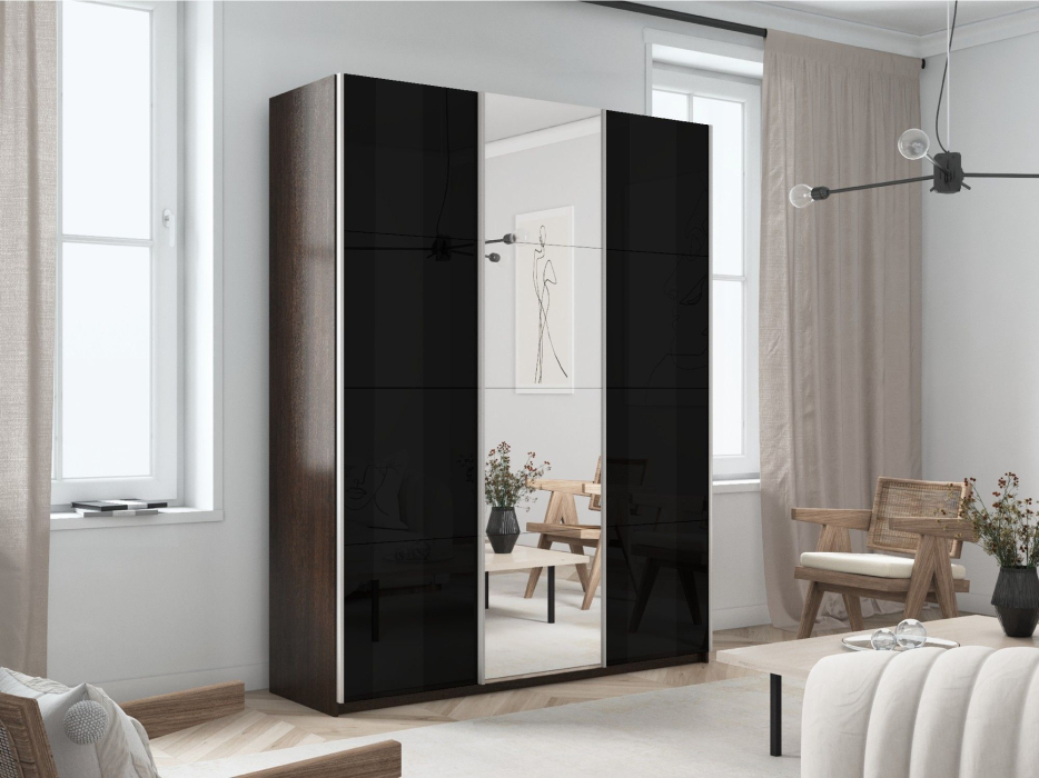 Шкафы-купе 3-х дверные, Шкаф-купе Прайм 3-х дверный Стекла черные/Зеркало/Доводчики 180х57х230
