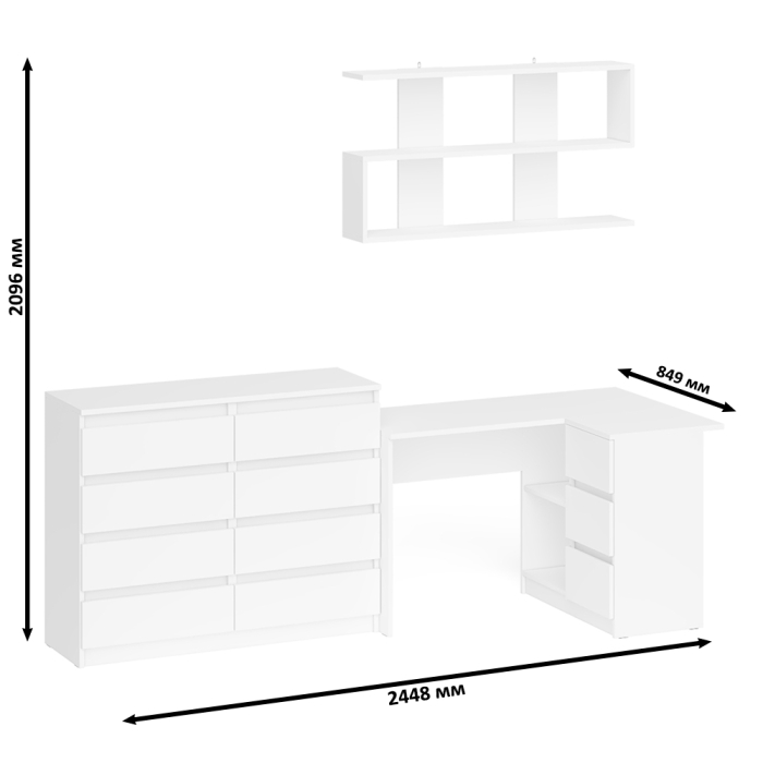 Домашние кабинеты, Стол компьютерный угловой с ящиками Мори МС-16 правый с навесной полкой и комодом МК1200.8