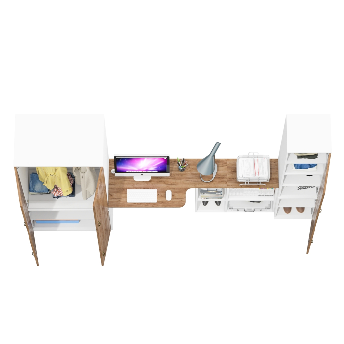 Домашние кабинеты, Шкаф для белья глубокий с пеналом с полками для бумаг и рабочий стол Лидер-8