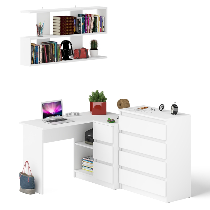 Домашние кабинеты, Книжная навесная полка Мори с угловым компьютерным столом МС-16 правым и комодом Мори МК800.4